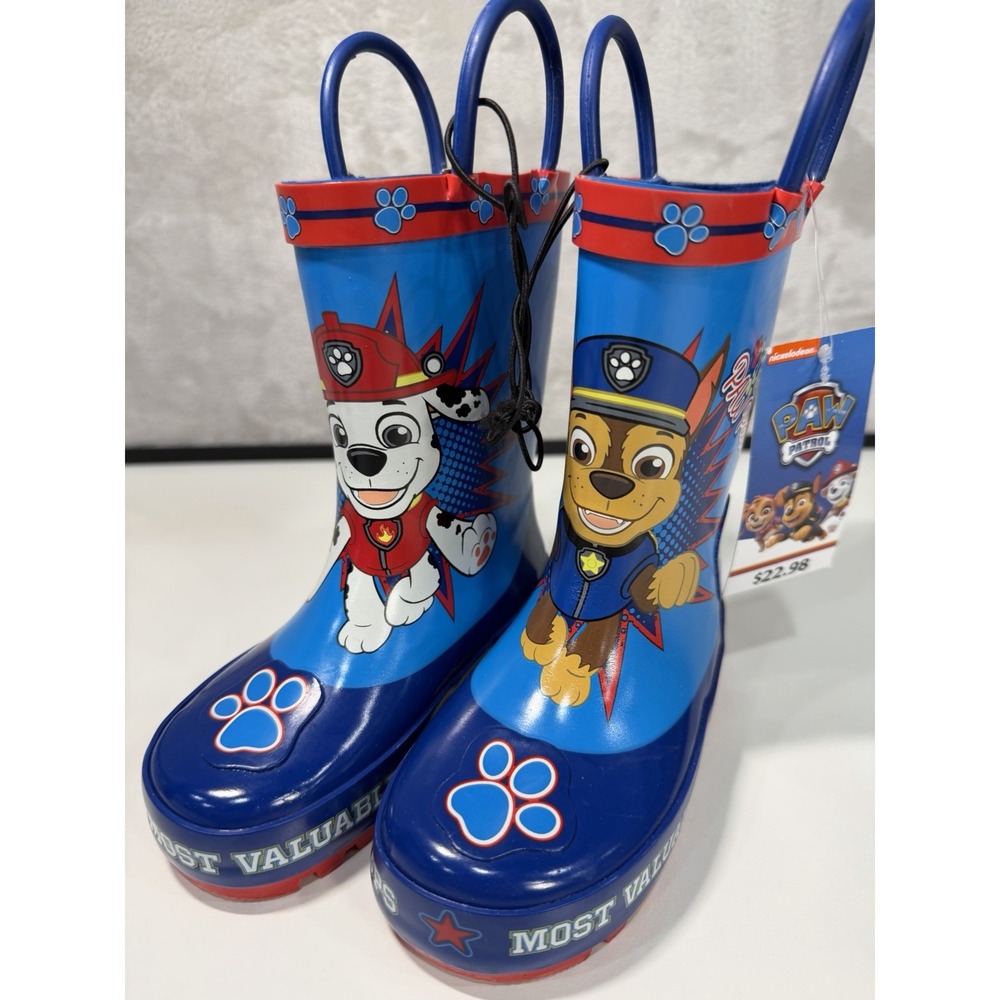 PAW Patrol Toddler Rain Boots Chase Marshall Blue/Red Pull-On Lightweight US 5-6